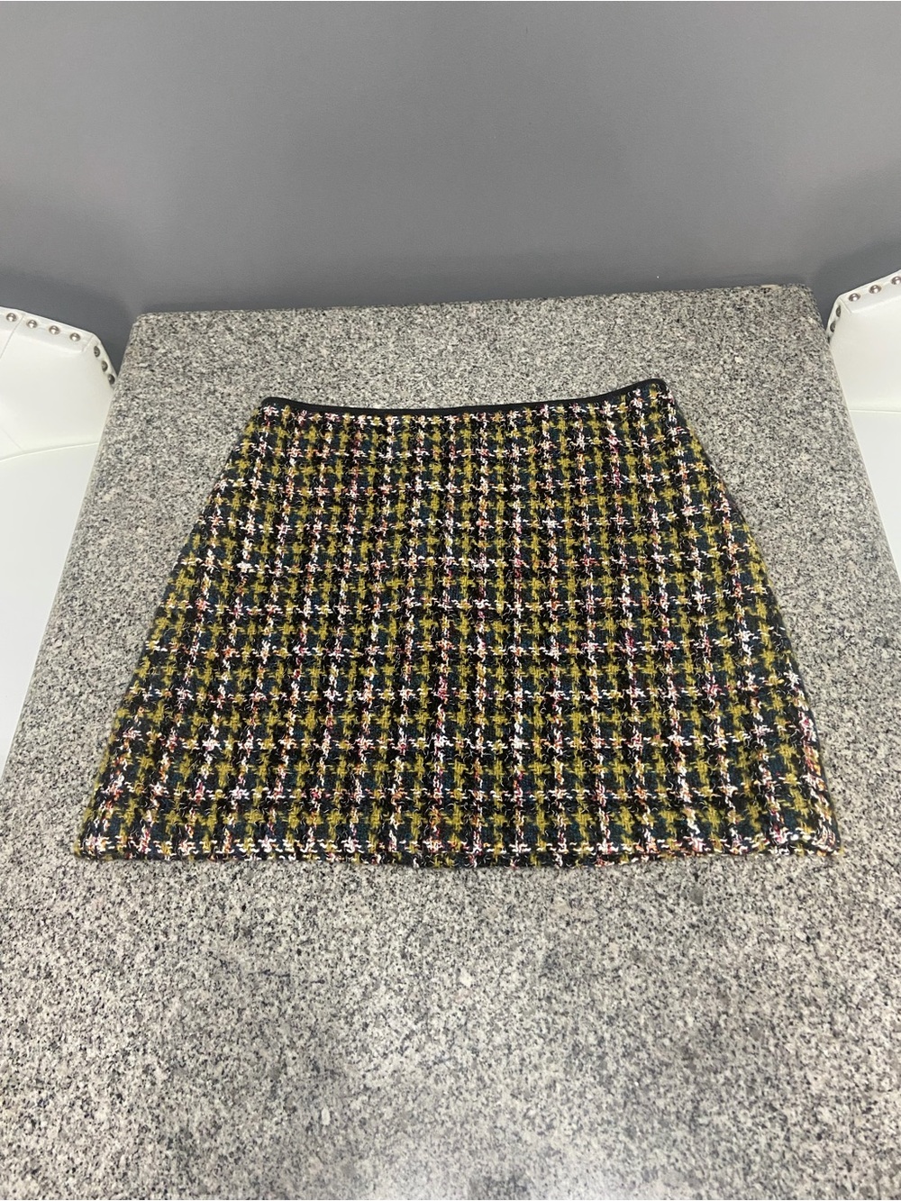 ANN TAYLOR Houndstooth Tweed Mini Skirt Lined Green Black White Pink Sz 12